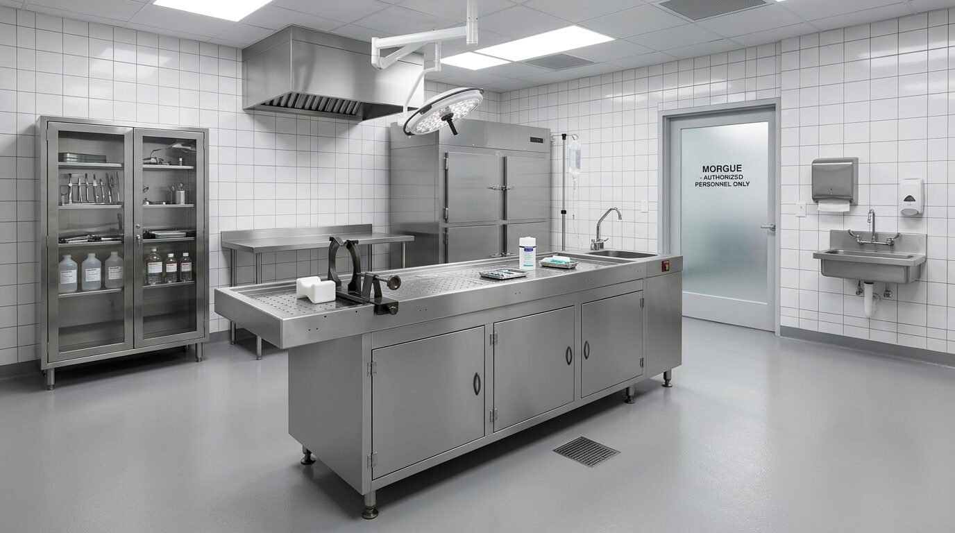 Sala de necrotério com mesas para necropsia em aço inoxidável, equipamentos médicos e porta com aviso de acesso restrito